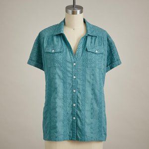 SUNDANCE cotton legendary lands Shirt split V Button front pockets embroidered